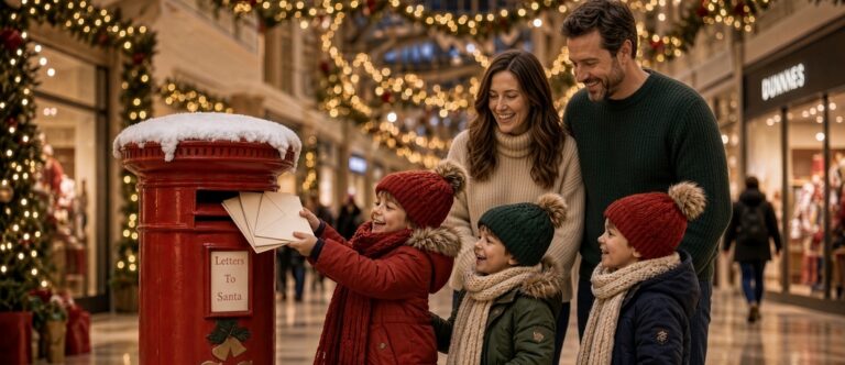 Children posting santa letter in Christmas Event Hire post box in shopping centre
